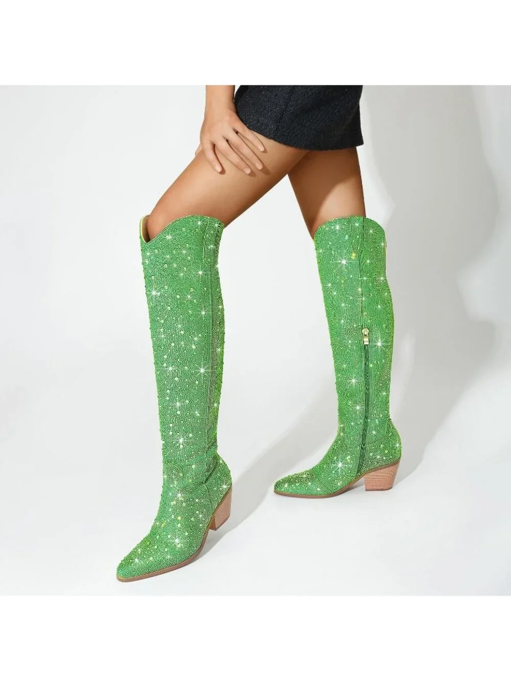 Women's Green Rhinestone Sparkly Bling Side Zippers Over the Knee High Boots